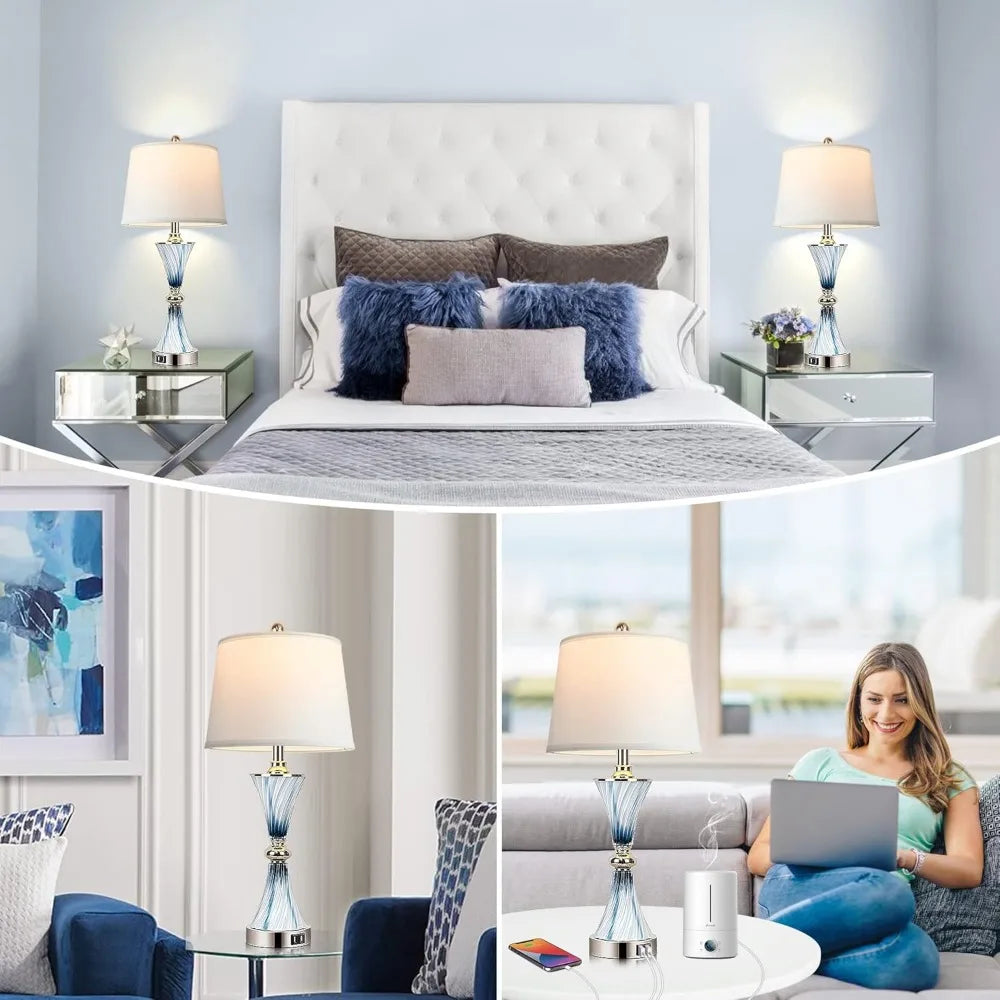 Set of 2 Blue Glass Table Lamps
